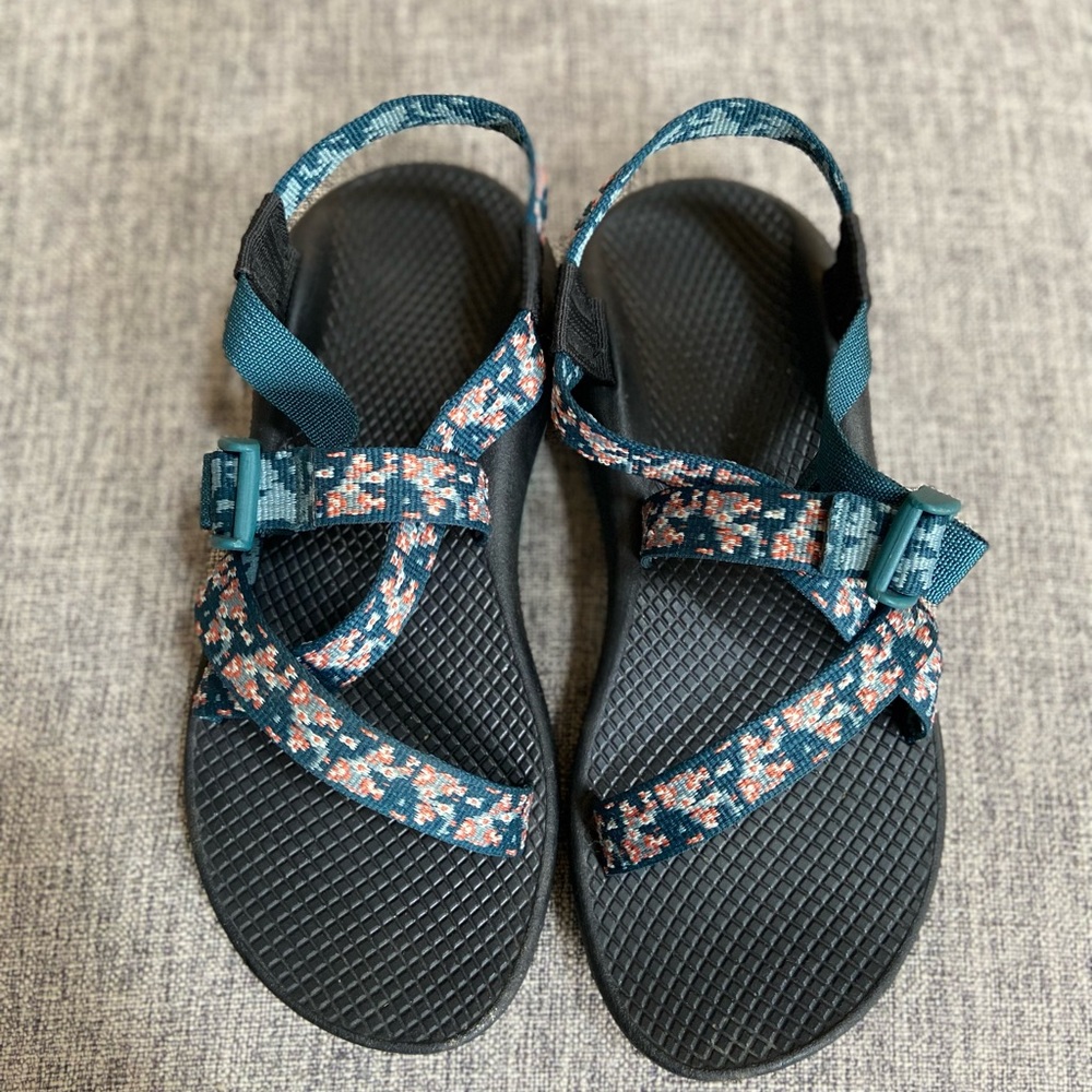 Chaco Women's Teal and Coral Patterned Z/Cloud Sandals
